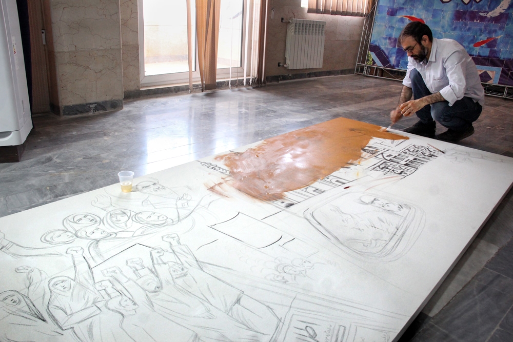 مراحل اجرای پرده نقاشی انقلاب آغاز شد مراحل اجرای پرده نقاشی انقلاب آغاز شد